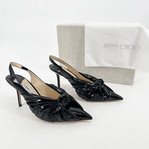 Jimmy Choo Black Leather Annabell 85 Ruched Pointed Toe Slingback Heels IT 38.5